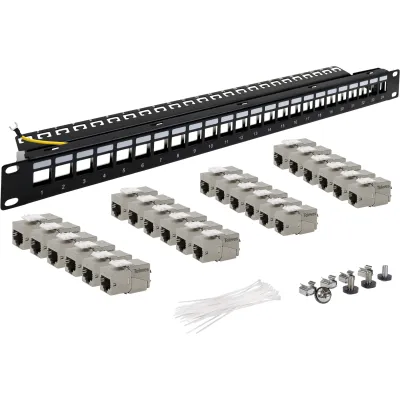 TELEVES Patchpanel 19" 1HE UFBCAT6AB-S | 24x RJ45 Keystone Cat 6A | Metall | schwarz RAL9005