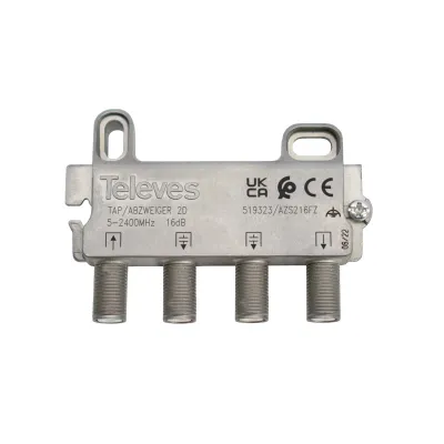 TELEVES 2-fach Abzweiger AZS216FZ | SAT Verteiler 5-2400 MHz | F-Connector | 16 dB Abzweigdämpfung | DC-tauglich