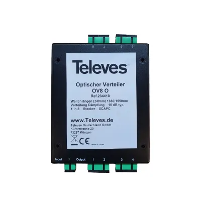 TELEVES Optischer Verteiler OV8O | 8-fach LWL-Splitter | SC/APC Buchsen | 10 dB Dämpfung | Metall | für Glasfaserkabel