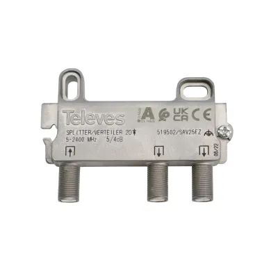 TELEVES Verteiler SAV25FZ | 2-fach SAT Splitter | 5-2400 MHz | F-Connector | 4 dB Dämpfung | DC-durchgang