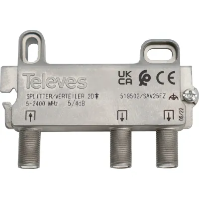 TELEVES Verteiler SAV25FZ | 2-fach SAT Splitter | 5-2400 MHz | F-Connector | 4 dB Dämpfung | DC-durchgang