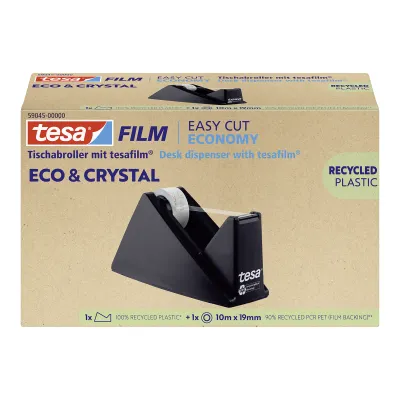 tesa Tischabroller Eco & Crystal 10005126 | Klebefilm 10m x 19mm | recycelter Kunststoff | transparent | Set