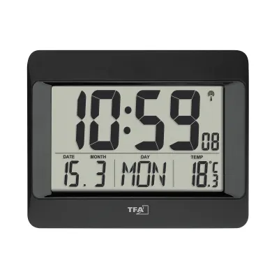 TFA Dostmann Funkuhr 60.4519.01 | Wanduhr digital | Innentemperatur | Kalender | Weckalarm | 21,5x16 cm | schwarz