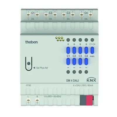 Theben DALI-Aktor 4-fach DM 4 DALI KNX 4940300 | DALI-2 zertifiziert | KNX-Schnittstelle | 4 Kanäle | REG | 100-240V