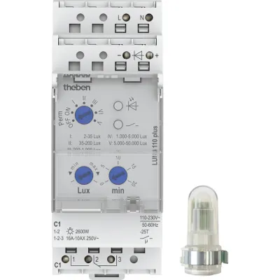 Theben LUNA 110 plus | Dämmerungsschalter mit externem Sensor | 2–50.000 lx | 600W LED | IP20/IP65 | 230V