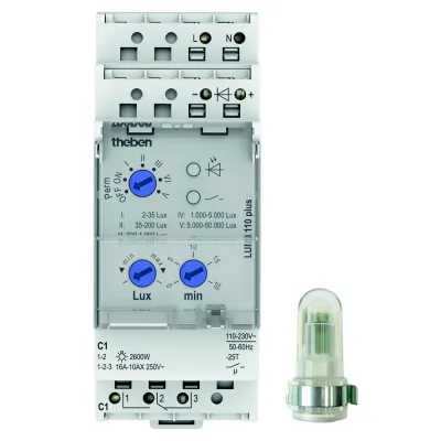 Theben LUNA 110 plus | Dämmerungsschalter mit externem Sensor | 2–50.000 lx | 600W LED | IP20/IP65 | 230V