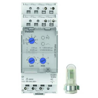 Theben LUNA 110 plus | Dämmerungsschalter mit externem Sensor | 2–50.000 lx | 600W LED | IP20/IP65 | 230V