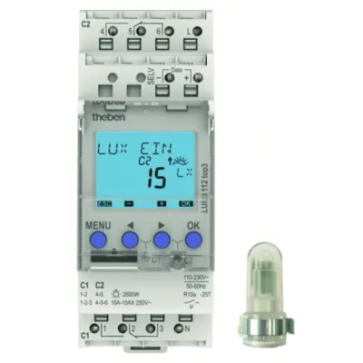 Theben Dämmerungsschalter LUNA 112 top3 | 2-Kanal REG | externer Lichtsensor IP55 | App-Steuerung | 230V | DIN-Schiene
