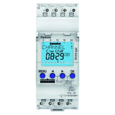 Theben Digitale Zeitschaltuhr TR 612 top3 | 2 Kanäle | DIN-Schiene | 230V AC | Wochenprogramm | Bluetooth | 16A