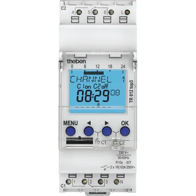 Theben Digitale Zeitschaltuhr TR 612 top3 | 2 Kanäle | DIN-Schiene | 230V AC | Wochenprogramm | Bluetooth | 16A