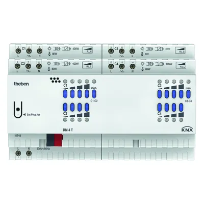 Theben DM 4 T KNX Universal-Dimmaktor 4-fach | REG 8TE | 4x400W | KNX | LED-Anzeige | Handbedienung | IP20 | 230V