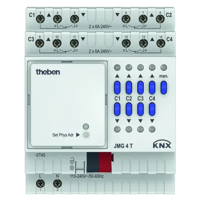 Theben Jalousieaktor JMG 4 T KNX 4930250 | 4-fach REG Grundmodul | MIX2 erweiterbar | Handbedienung | LED | IP20