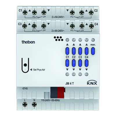 Theben Jalousieaktor JM 4 T KNX 4940250 | KNX REG 4-fach | 4 Kanäle | Handbedienung | LED-Anzeige | IP20 | 4TE | AC