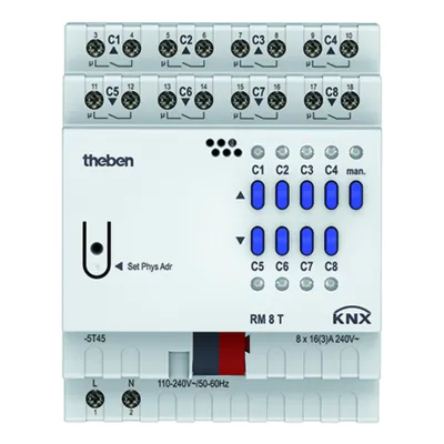 Theben RM 8 T KNX | Schaltaktor Jalousieaktor 8-fach 4-fach | 16A 2000W | REG | LED | Handbedienung