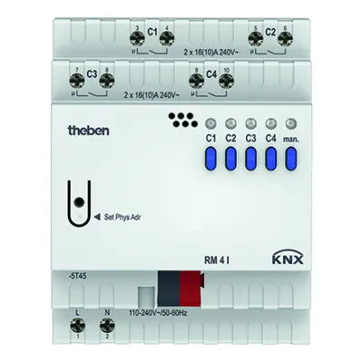 Theben RM 4 I KNX Schaltaktor 4-fach 16A | 2600W | REG 4TE | manuell | LED-Anzeige | IP20 | 4940210