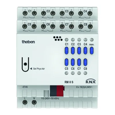 Theben Schaltaktor RM 8 S KNX 4940220 | 8-fach Relaisausgang | REG 4TE | 16A | 2000W | KNX Bus | LED-Anzeige | IP20