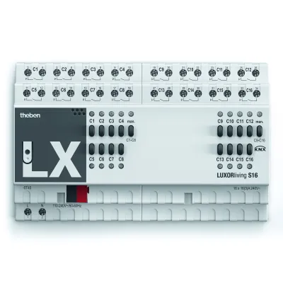 Theben Schaltaktor LUXORliving S16 4800429 | 16-fach | KNX REG 8TE | 16A 2000W | LED-Anzeige | Handschalter | IP20