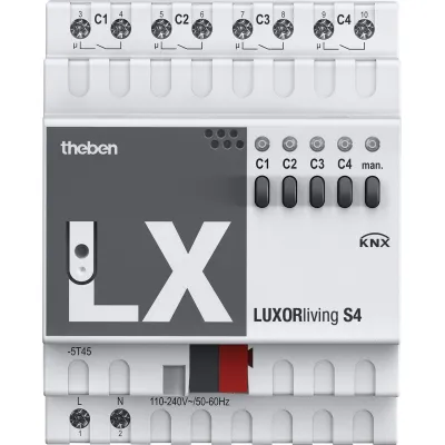 Theben Schaltaktor LUXORliving S4 4800420 | 4 Kanäle | KNX REG | 16A | 2000W | LED-Anzeige | Vor-Ort-Bedienung | IP20