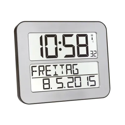 TFA Dostmann Funkuhr Timeline Max 60.4512.54 | digitale Wanduhr | große Anzeige | Senioren geeignet | Silber