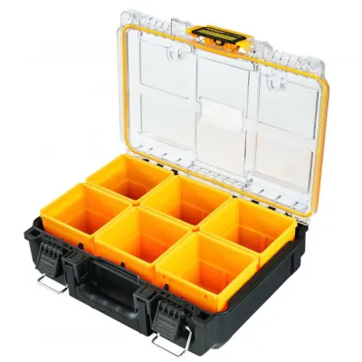 DEWALT Organizer DWST83392-1 | TOUGHSYSTEM 2.0 Halbformat | wasserdicht IP65 | 6 Fächer | Polycarbonat Deckel | gelb