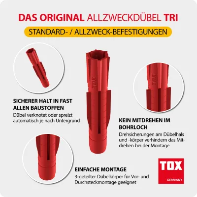 TOX Allzweckdübel Tri 6/36 KT | Universaldübel | 6 mm Bohrloch | 36 mm Länge | Kunststoff | für Gasbeton | 100 Stück