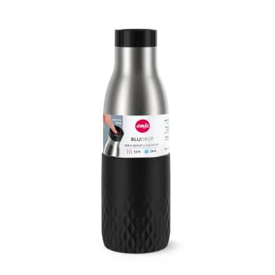 EMSA Trinkflasche Bludrop 0,5l | Edelstahl doppelwandig | Quick Press Verschluss | BPA-frei | schwarz