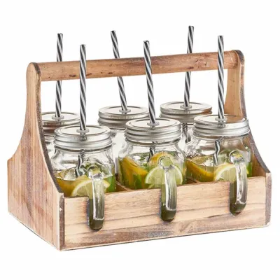 Zeller Trinkgläser-Set 19747 | 7-teilig mit Holzkiste, Deckel & Strohhalmen | 450ml | Glas/Metall/Holz