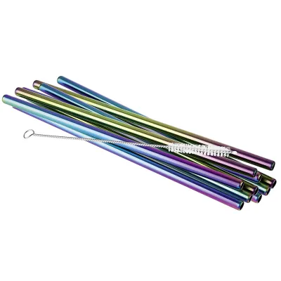 APS Trinkhalmset 93385 | Edelstahl 18/8 | 11-tlg. inkl. Bürste | Regenbogen-Look | 21,5 cm | Ø 8 mm