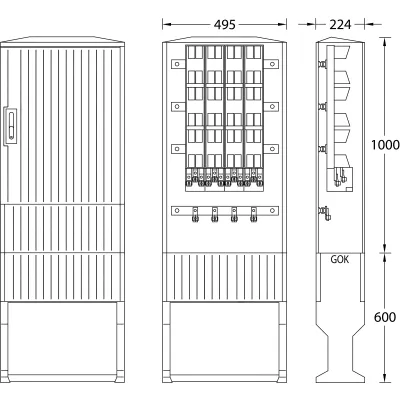UESA Kabelverteilerschrank B040 FL | 4 NH2 Sicherungen | IP44 | 400V 400A | 1600x495x224 mm | Eingrabsockel | RAL7035
