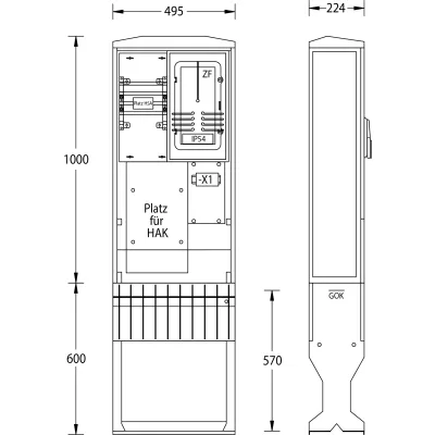 UESA Zähleranschlusssäule ZAS-1-FL-S 1600x495x224mm | 1 Zählerplatz | Aufputz | Kunststoff | IP44 | grau