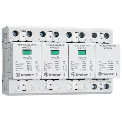 Finder Überspannungsableiter 7P.04.8.260.1025 | SPD Typ 1+2 | 3-phasig | 25kA | Hutschiene | 230V | IP20