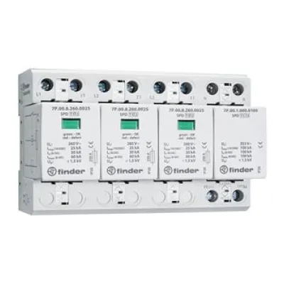 Finder Überspannungsableiter 7P.04.8.260.1025 | SPD Typ 1+2 | 3-phasig | 25kA | Hutschiene | 230V | IP20