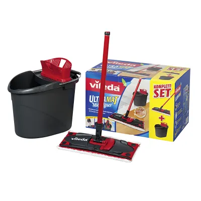 Vileda Bodenwischer Set UltraMat 132246 | Flachwischsystem mit 3D-Microfaser & Eimer PowerPresse | für Parkett & Laminat