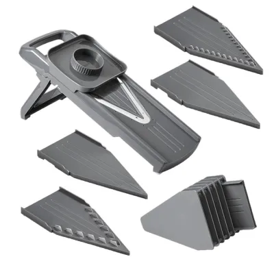Metaltex Universalreibe Slice-V 194579000 | V-Hobel mit 5 Einsätzen & Fingerschutz | Edelstahl/ABS | platzsparend | Grau