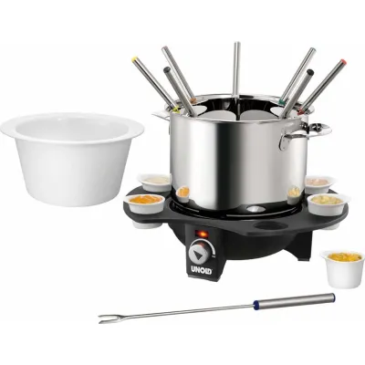 Unold Fondue-Set 48645 Elegance | Elektro-Fondue für 8 Personen | Edelstahl- und Keramiktopf | 1000W | schwarz/silber