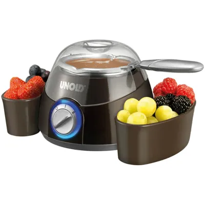 Unold Schokoladenfondue 48667 | Chocolatier | 250 ml | 25 W | 2 Heizstufen | Alutopf | 6 Gießformen | braun/silber