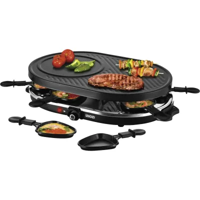 Unold Raclette Grill 48795 Gourmet | für 8 Personen | 1200W | antihaft Grillplatte glatt & geriffelt | schwarz