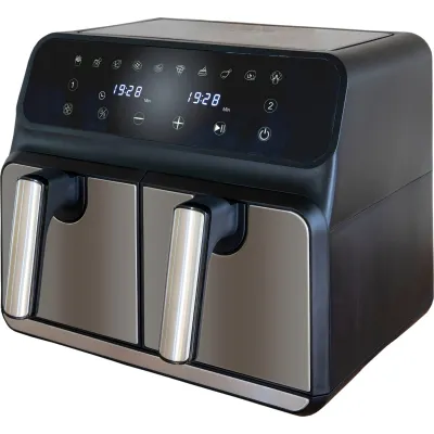 Unold Heißluftfritteuse Doppelkammer 58685 | Twin Zone | 8 Liter | 2x4L | 1700W | 10 Programme | Edelstahl | Schwarz