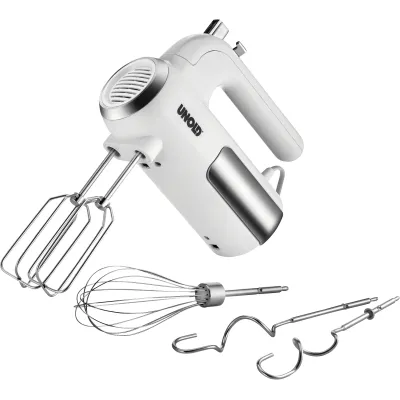 Unold Handmixer 78710 | 450 Watt | 5 Geschwindigkeiten | 2 Knethaken | 2 Quirle | Schneebesen | Metall | Weiß/Edelstahl