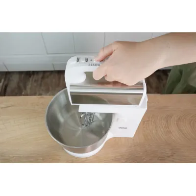 UNOLD Handmixer 78720 Hannah | 500 Watt | 5 Stufen | Rührschüssel 3,5L Edelstahl | 2 Knethaken | Weiss-Edelstahl