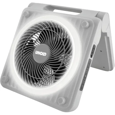 Unold Tischventilator 86517 | Solarventilator Camping Akku 5000mAh | LED-Beleuchtung | 5 Stufen | Timer | Ø20cm | grau