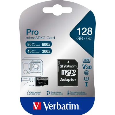 Verbatim microSDXC Speicherkarte 47044 | 128GB | U3 | UHS-I | Pro | 90MB/s Lesen | 30MB/s Schreiben | SD-Adapter