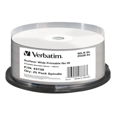 Verbatim BD-R 43738 Blu-ray Rohlinge 25GB 6x | Single Layer | Inkjet Printable | Spindel 25 Stück | Weiß