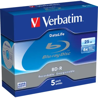 Verbatim Blu-ray Disc BD-R 43836 | 25GB 6x Speed | 5er Jewel Case | DataLife | White Blue Surface | Transparent/Weiß