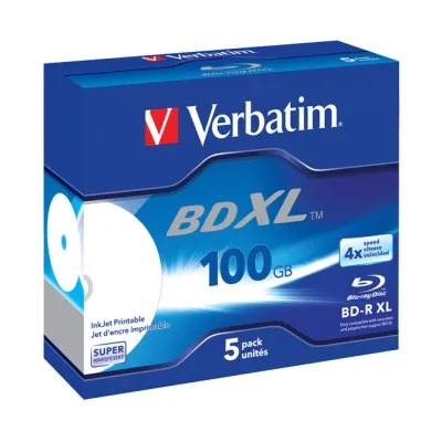 Verbatim BD-R XL 43789 | Blu-ray Rohlinge 100GB | 4x Speed | Inkjet bedruckbar | Jewel Case | 5 Stück | Weiß