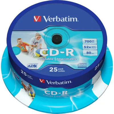 Verbatim CD-R 43439 | 700MB 80min | 52x Speed | Inkjet Printable | Cakebox 25er Spindel | AZO-Technologie | Weiß