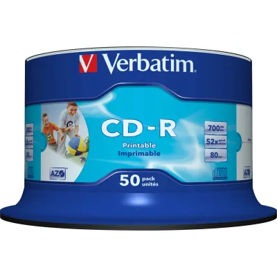 Verbatim CD-R Rohlinge 43438 | 700MB 80min 52x | Wide Inkjet Printable | 50er Spindel | weiß vollflächig bedruckbar