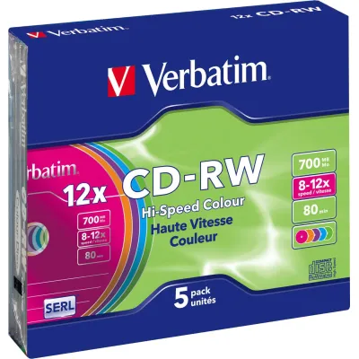 Verbatim CD-RW 700 MB 12x | 5er-Pack Slim Case 43167 | wiederbeschreibbare CD Rohlinge bunt | einzeln beschriftbar