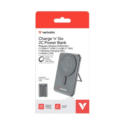 Verbatim Powerbank 5000mAh Charge'n'Go 2C 32251 | Magnetisch | Qi & MagSafe kabellos | 2x USB-C | Klappständer | Grau