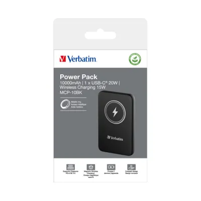 Verbatim Powerbank Charge'n'Go 32245 | 10.000mAh | Magnetisch Kabellos Qi | USB-C PD 3.0 | Quick Charge 3.0 | Schwarz